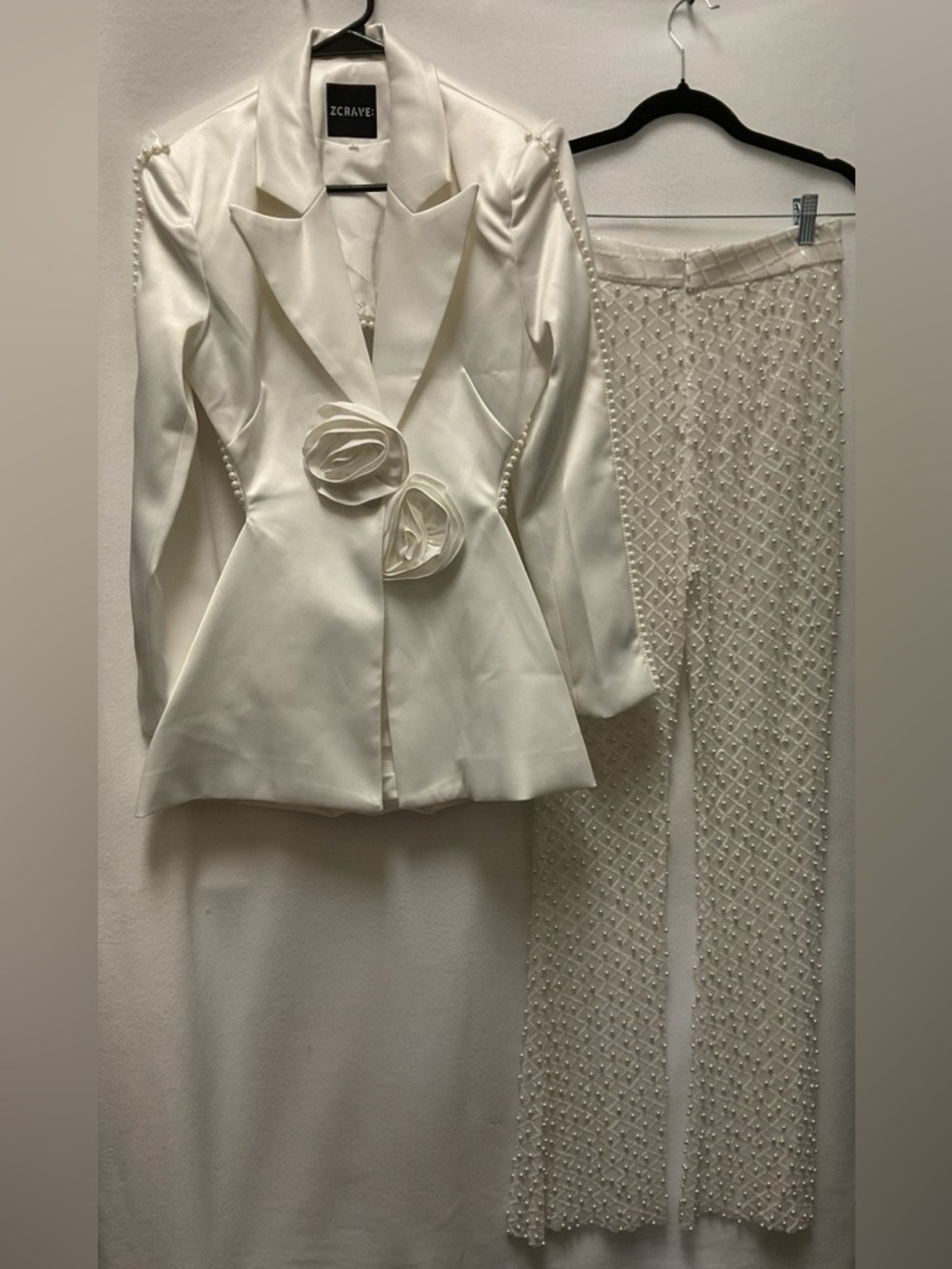ZCRAVE White Satin Blazer &  Pant Set